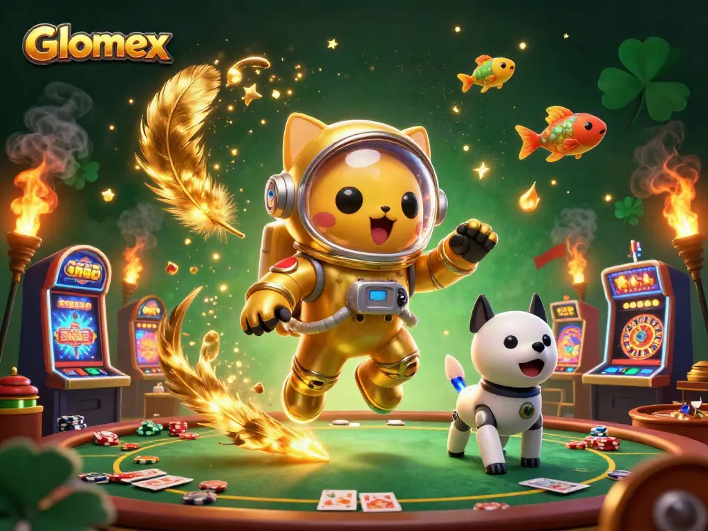 Join the excitement of Glomex gambling as a space astronaut cat and robot dog explore a vibrant casino.