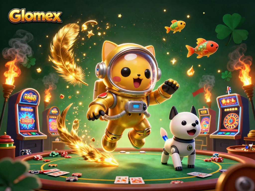 Join the excitement of Glomex gambling as a space astronaut cat and robot dog explore a vibrant casino.