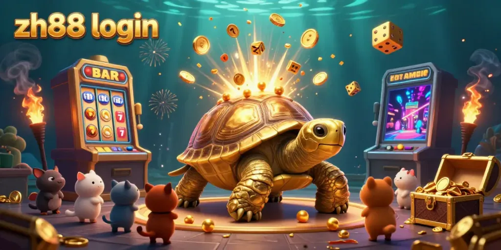 Engage in gaming with the vibrant zh88 login scene featuring a golden tortoise pinball machine and a slot jackpot.