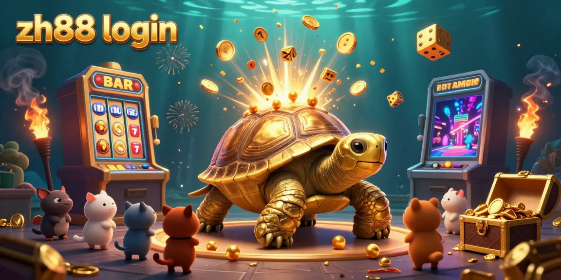 Engage in gaming with the vibrant zh88 login scene featuring a golden tortoise pinball machine and a slot jackpot.