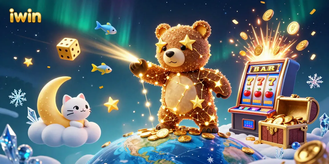 Engage with iwin's exciting slot games featuring a constellation bear scooping coins amidst a jackpot explosion.