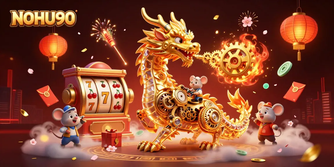 Engaging scene showcasing NOHU90 with a golden dragon and slot machines, highlighting casino excitement.