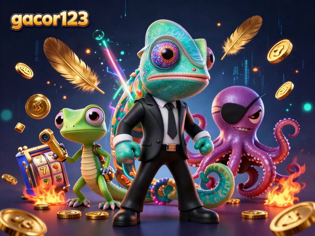 Engage with gacor123 in a vibrant 3D casino scene featuring animated characters and slot reels.