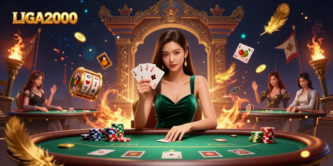 LIGA2000 menampilkan seorang wanita Asia yang menang di meja poker dengan gulungan slot, dekorasi mewah, dan elemen permainan yang dinamis.