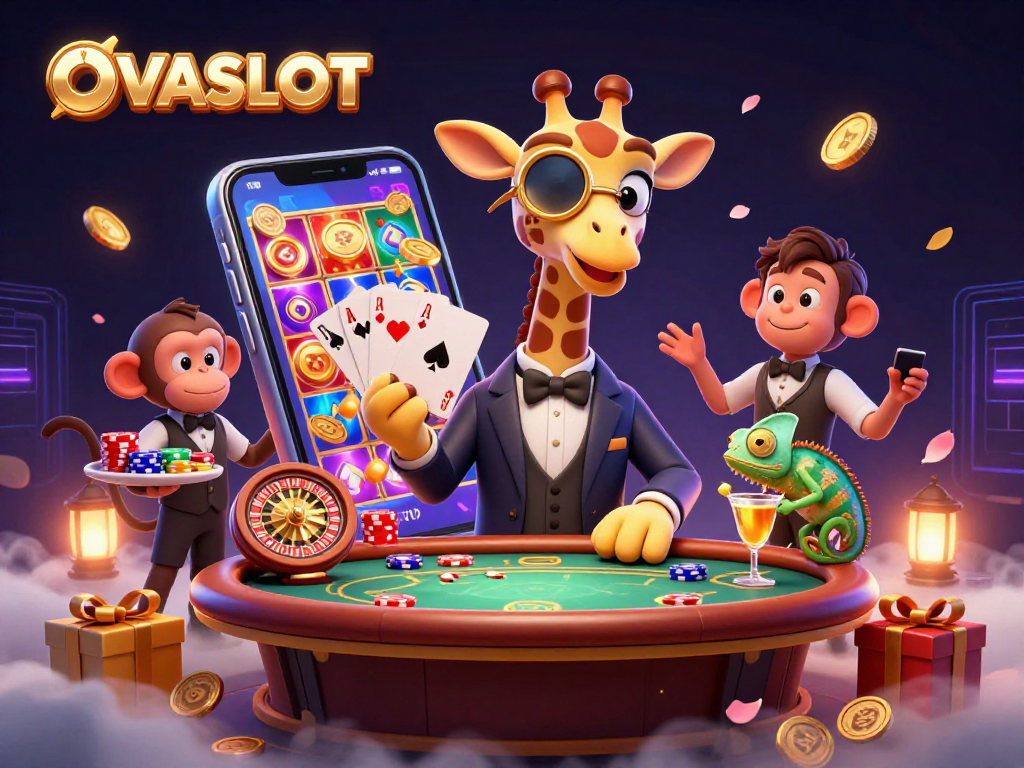 Engage with the vibrant OVASLOT experience featuring a high-roller giraffe and animated game elements.