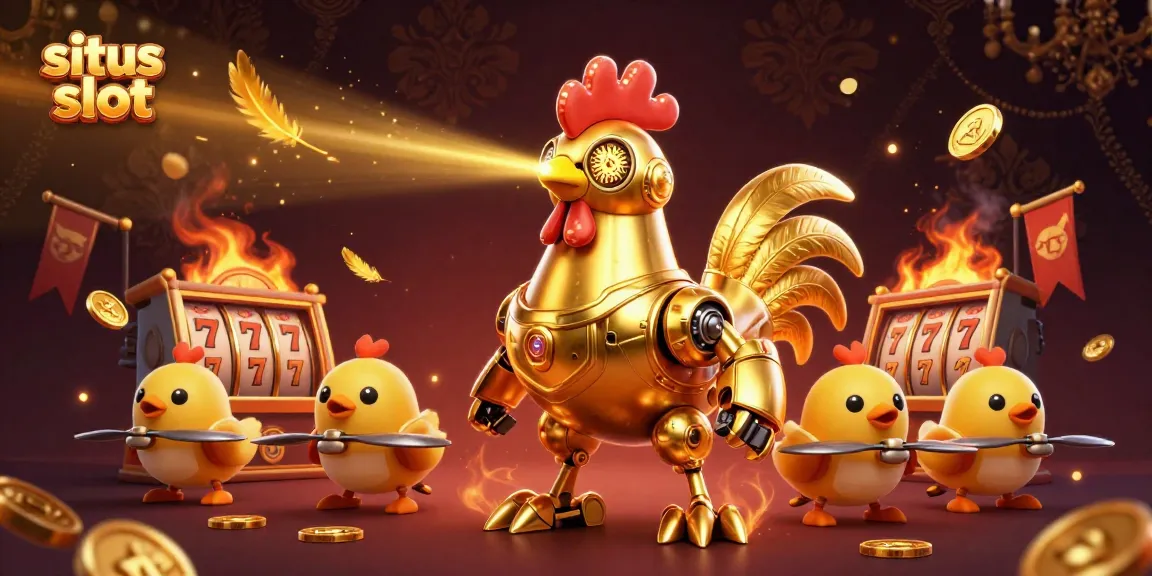 Discover innovative gaming elements in a vibrant situs slot casino scene featuring a golden rooster robot.
