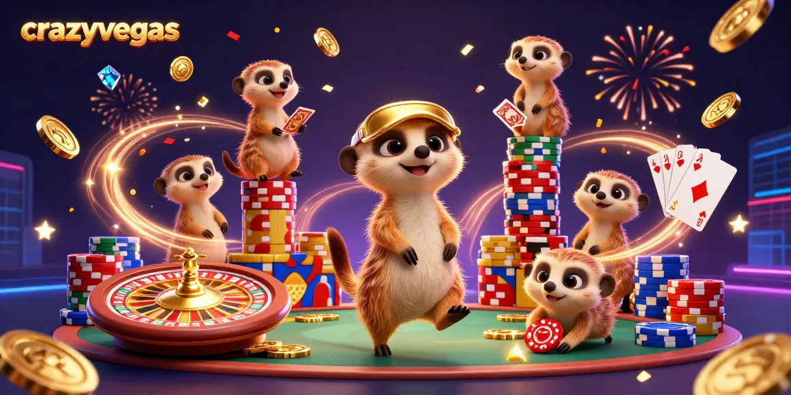 Meerkats operating a lively casino scene with magic and coins, featuring crazyvegas branding.