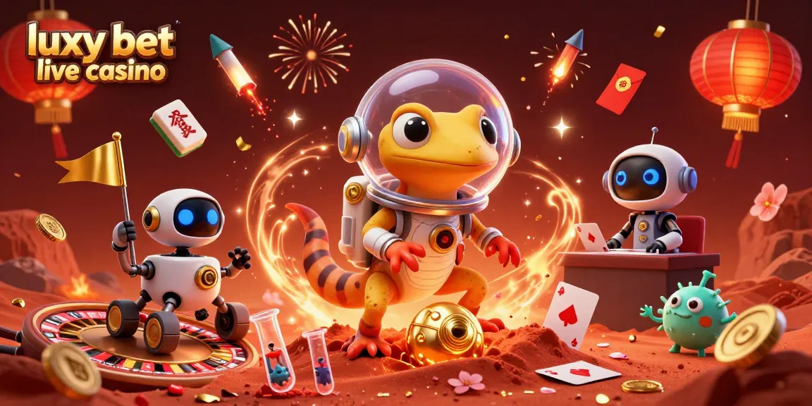 Experience the thrill of luxy bet live casino with a vibrant 3D casino scene featuring a Martian gecko and poker elements.