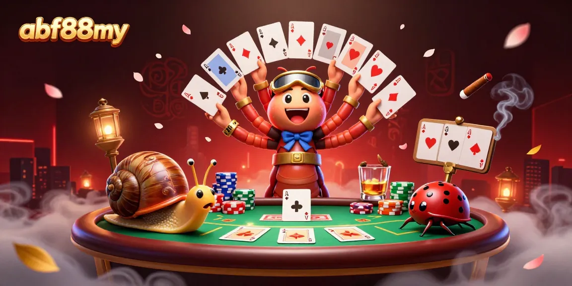 Experience thrilling poker action with afb88my's lively illustration featuring unique characters and vibrant casino elements.