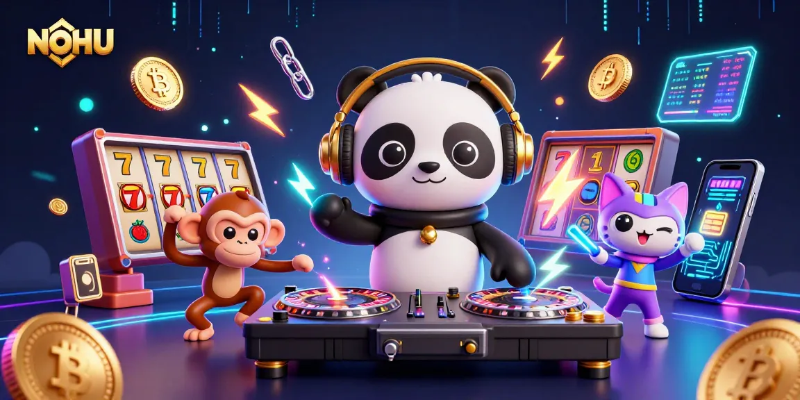 NoHU casino scene featuring a DJ panda, dancing monkey, and a glowing kitten among slot machines and crypto coins.