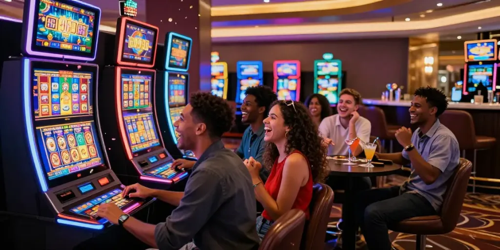 Friends celebrating a slot jackpot win at a modern casino, vibrant atmosphere and high-tech machines.