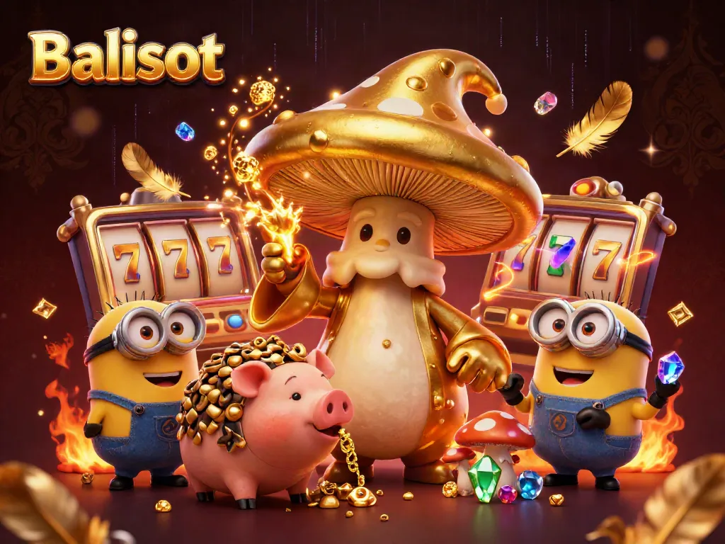 Balislot slots scene featuring a golden mushroom wizard and treasure-hunting pig with dynamic game elements.