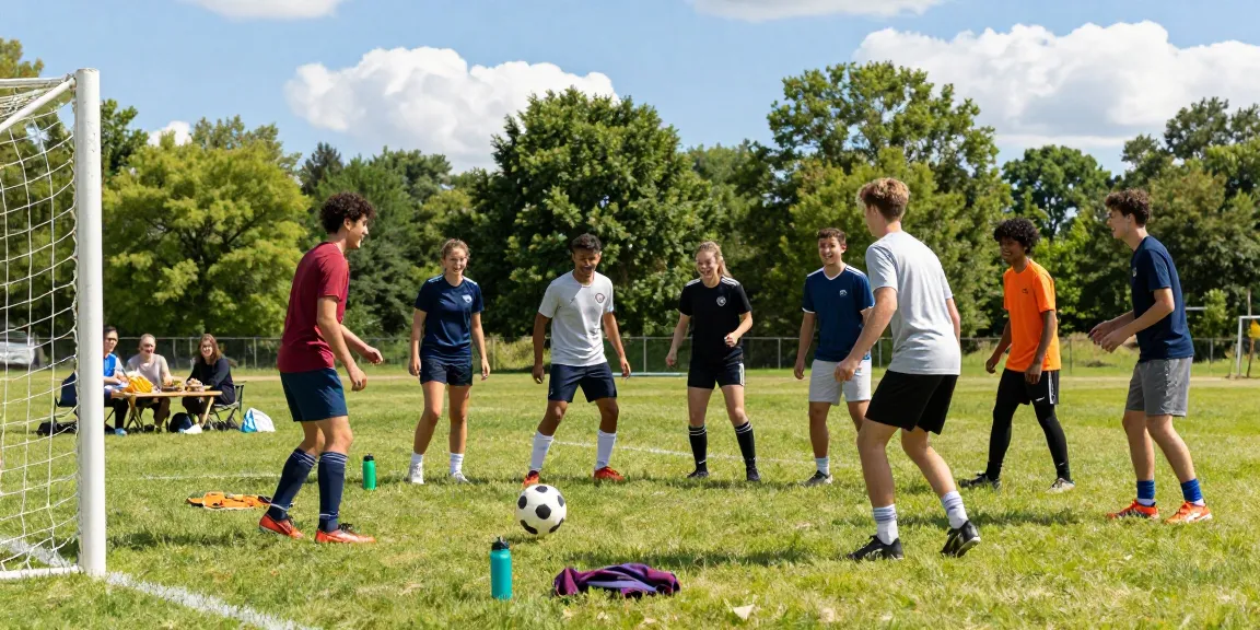 Friends enjoying a hit club soccer game outdoors under clear skies.