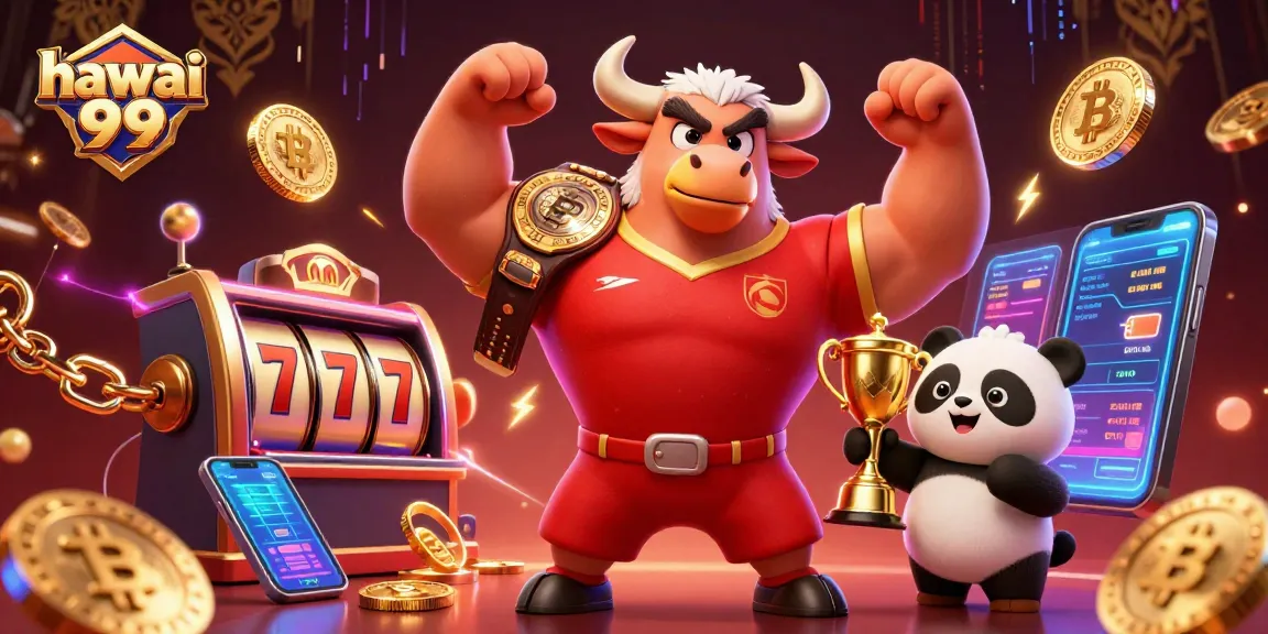 Engage with hawai 99's vibrant casino illustration featuring dynamic gaming elements and cheerful mascots.