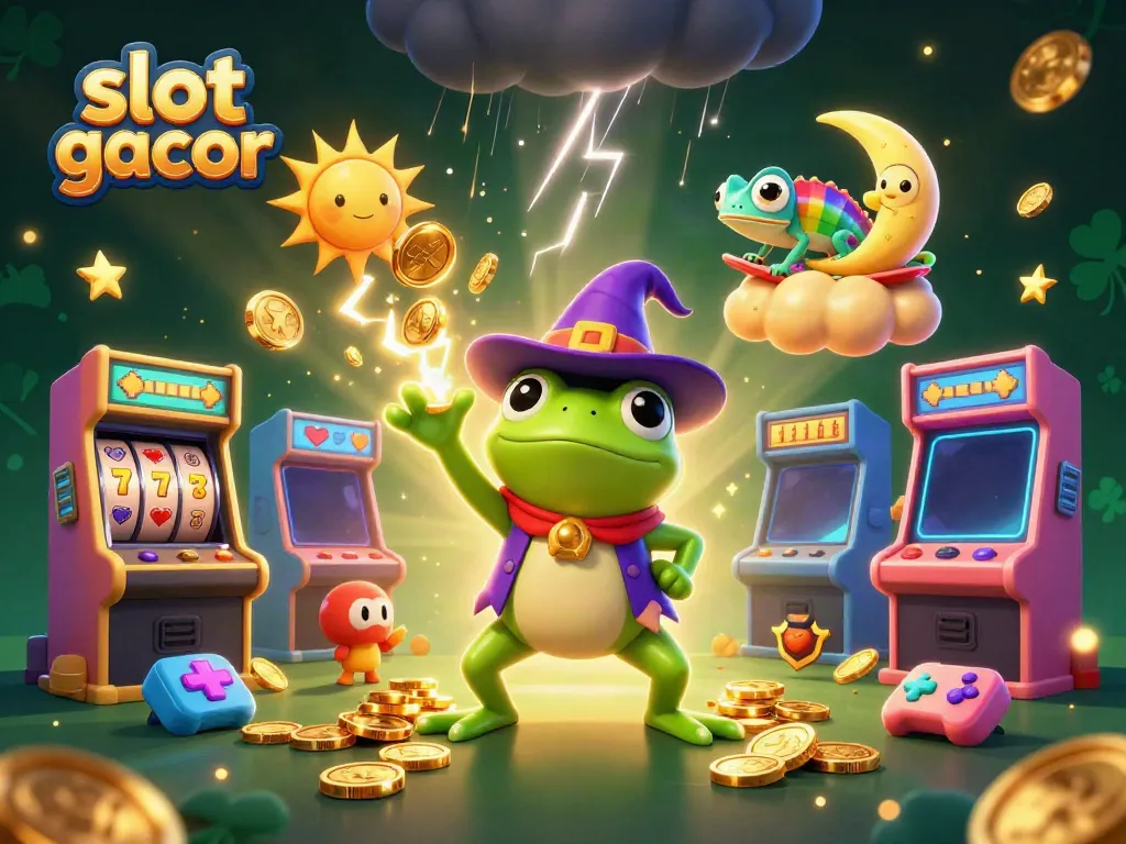 Experience the thrill of slot gacor with a magical scene of cartoon characters creating golden coin storms.