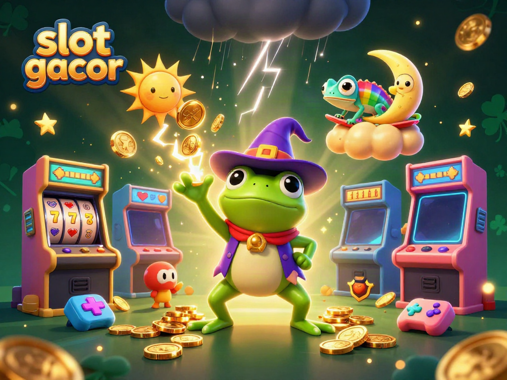 Experience the thrill of slot gacor with a magical scene of cartoon characters creating golden coin storms.