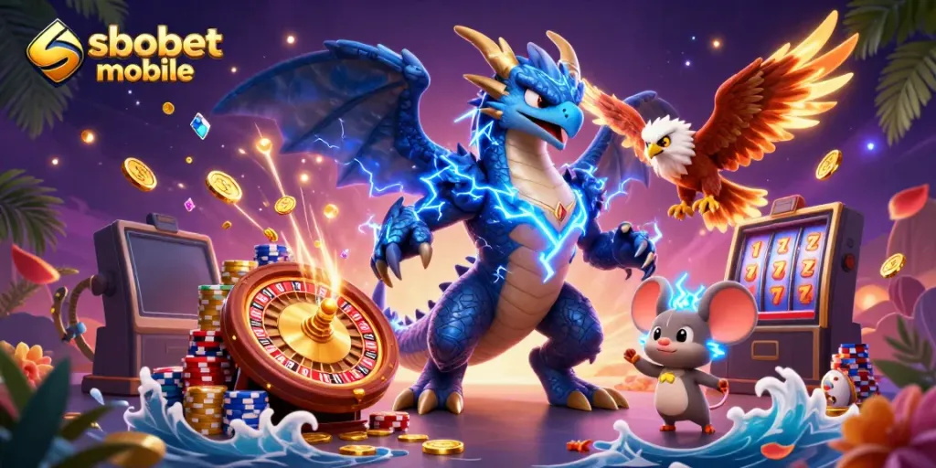 Engage with sbobet mobile gaming, featuring dynamic characters and thrilling betting elements in a vibrant casino backdrop.
