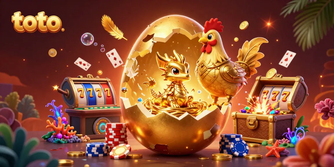 Toto casino promotions celebrate with a golden baby dragon amidst poker chips and slot reels.