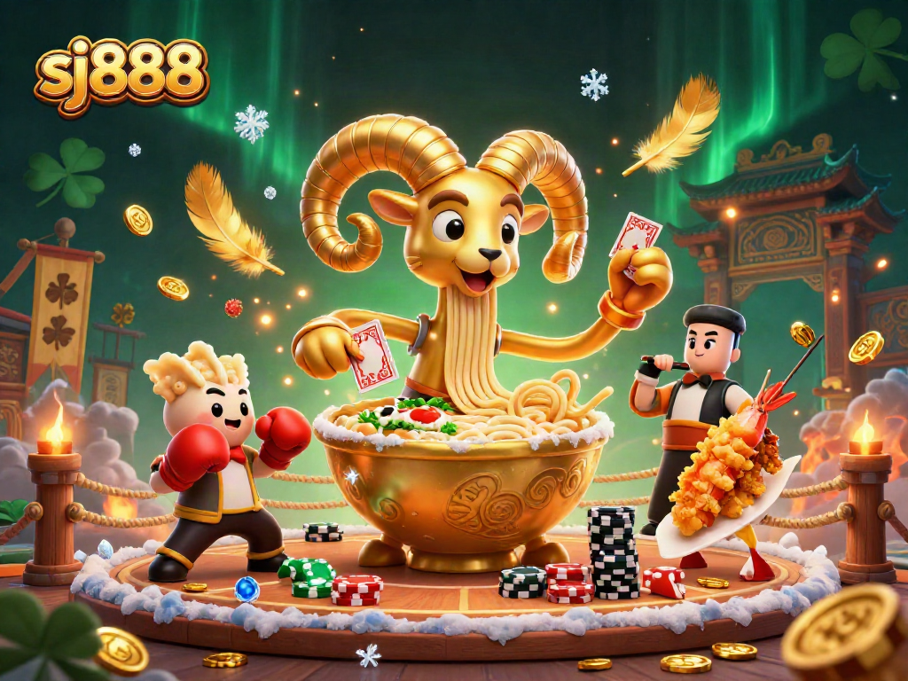 Experience sj888 with a dynamic casino scene featuring a ramen bowl dealer and animated sushi characters.