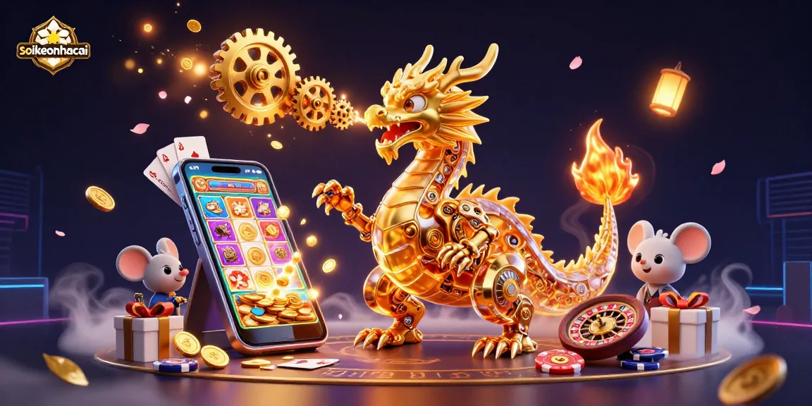 Spectacular 3D scene of soikeonhacai illustrated with a biomechanical dragon and casino game elements bursting with excitement.