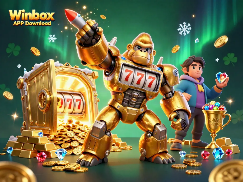 Winbox APK Download features a dynamic scene with a gorilla mech and jackpots exploding with coins.