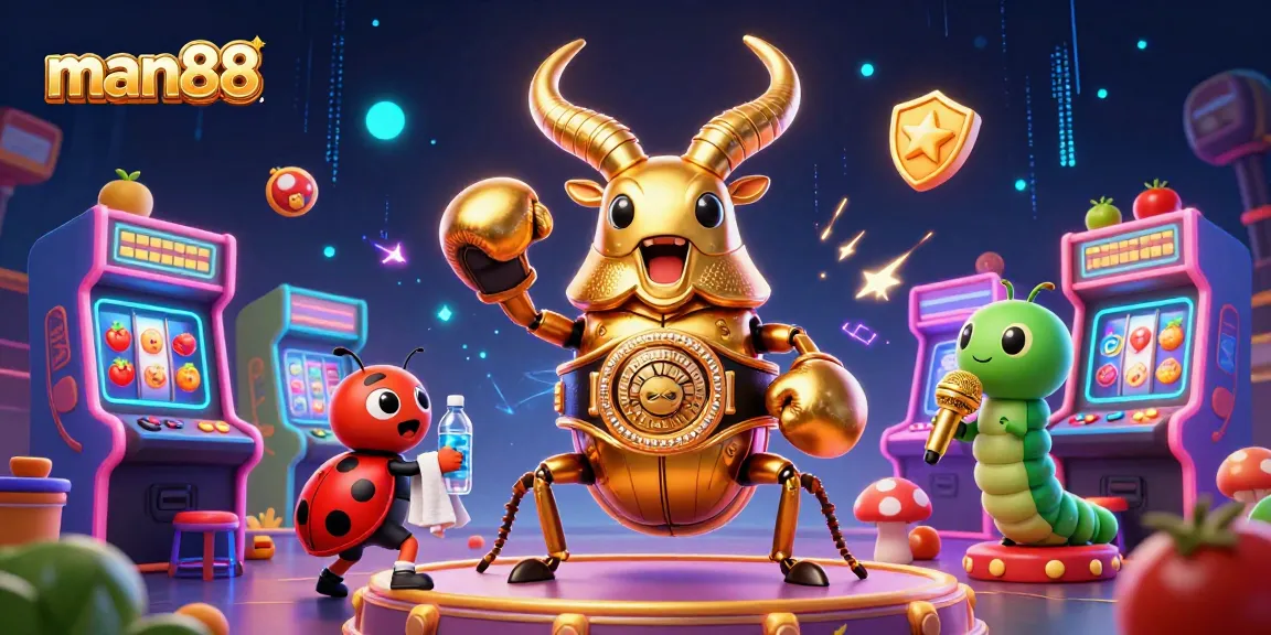 Experience man88 with vibrant slot gameplay featuring a glowing stag beetle champion, ladybug corner-man, and more.