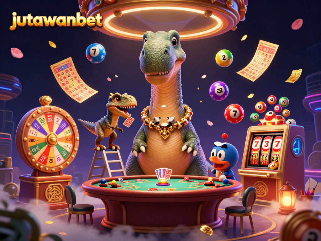 Engage with jutawanbet's thrilling slots as a brontosaurus looms above a poker table.