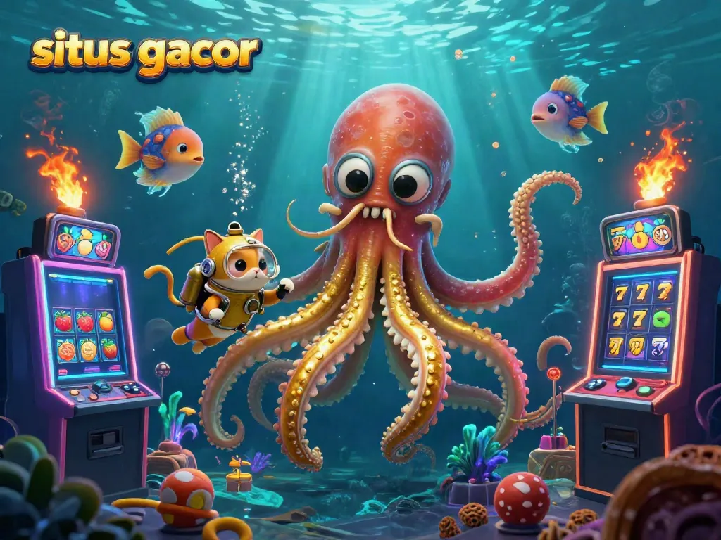 Slot gacor menunjukkan permainan seru dengan kraken dan kucing selam, simbol jackpot yang mengesankan.