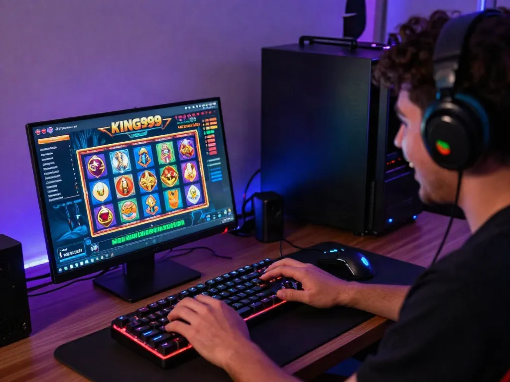 Exciting gaming atmosphere with a player engaging with KING999 slot games online.
