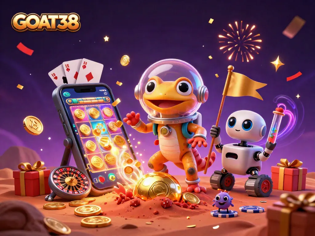 Engage with GOAT38's thrilling 3D casino scene featuring a Martian gecko and alien elements.