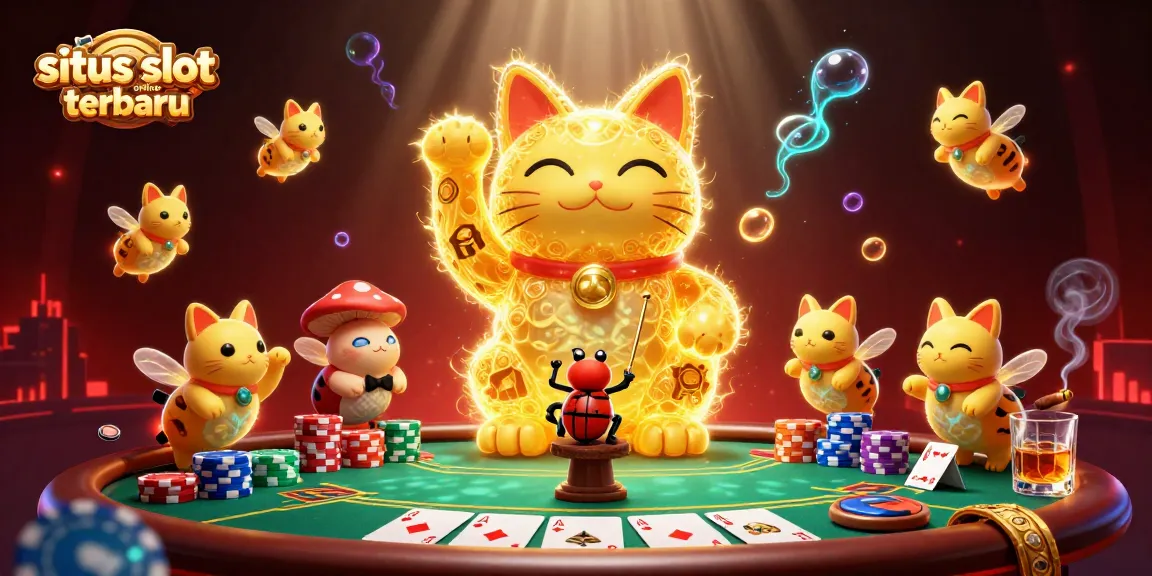 Situs slot online terbaru showcases an exciting casino scene with vibrant golden fireflies and playful gaming elements.
