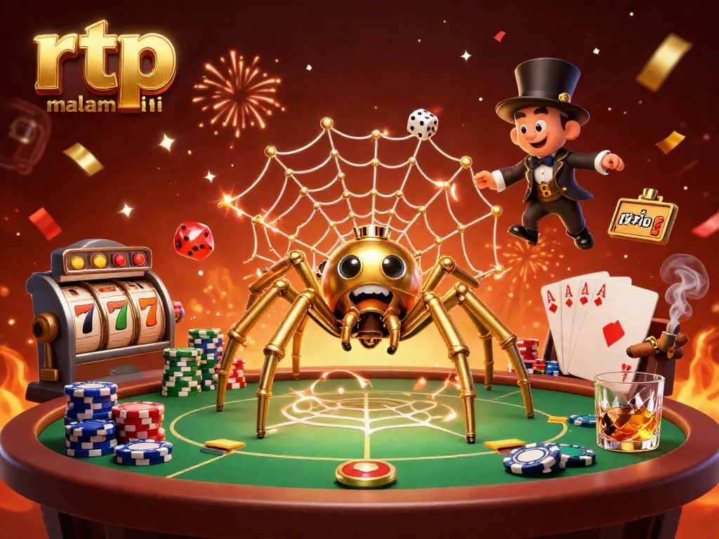 Visualize rtp malam ini with a steampunk spider weaving a golden web around poker chips and slot reels.