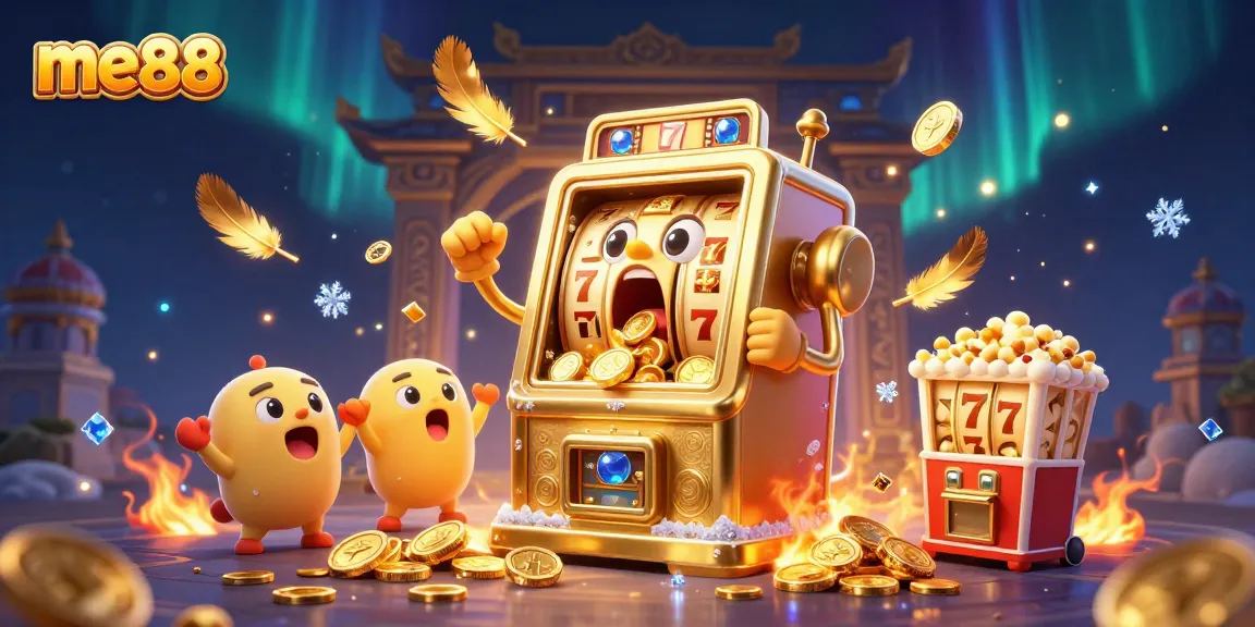 Experience me88's thrill with a golden slot machine celebrating a jackpot amidst spectacular casino elements.
