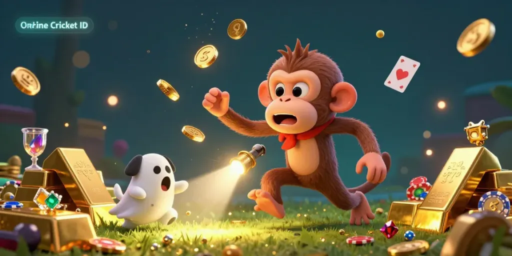 Engage with Online Cricket ID in an exciting scene showcasing a playful monkey juggling treasures in a vibrant cricket betting environment.