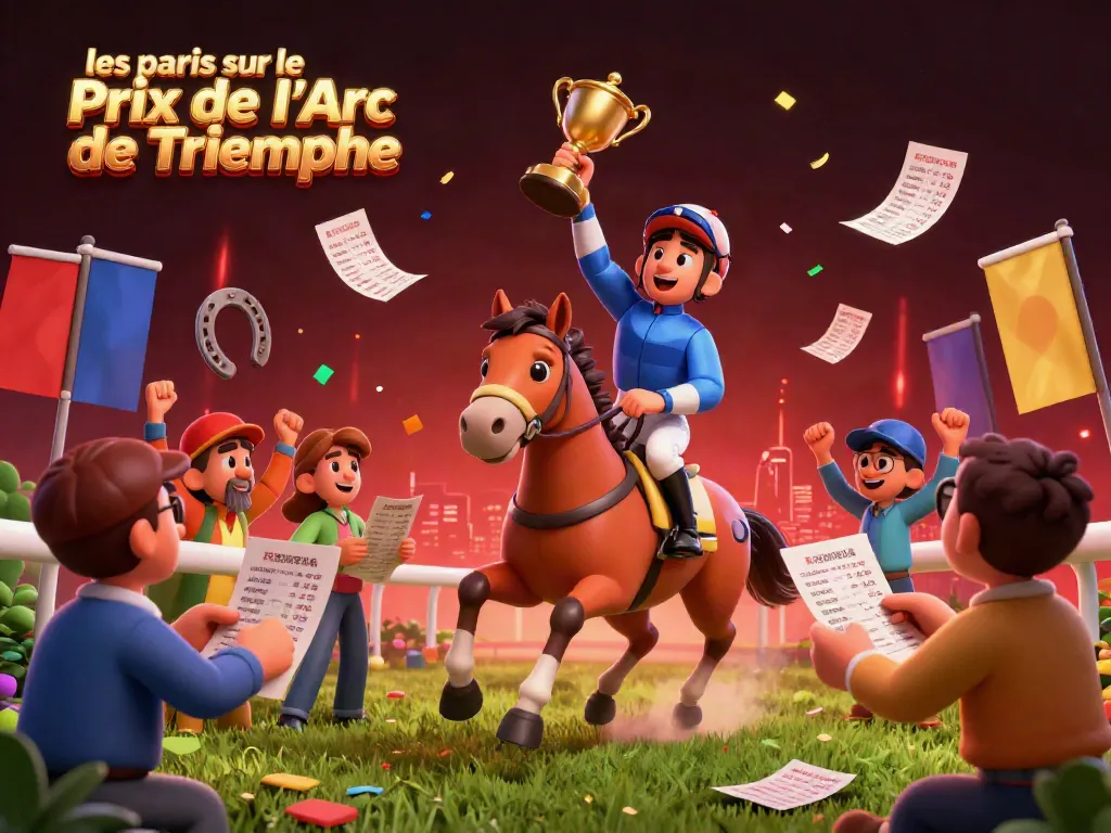 Experience the thrill of les paris sur le Prix de l'Arc de Triomphe with enthusiastic bettors and a winning jockey at the racecourse.