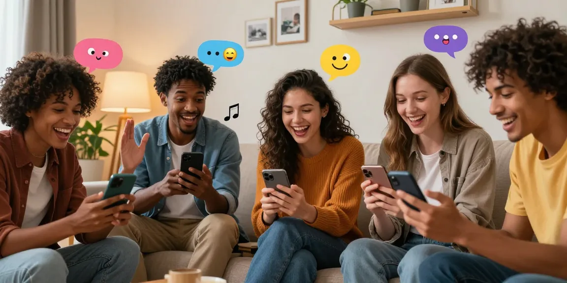 Engaging chat scene capturing شات الخليج with friends sharing laughter and joy on their devices in a cozy setting.