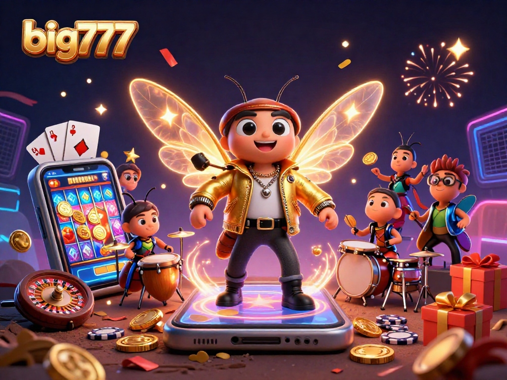 Experience big777 thrills in a vibrant casino scene with a cicada rock star and slot games.