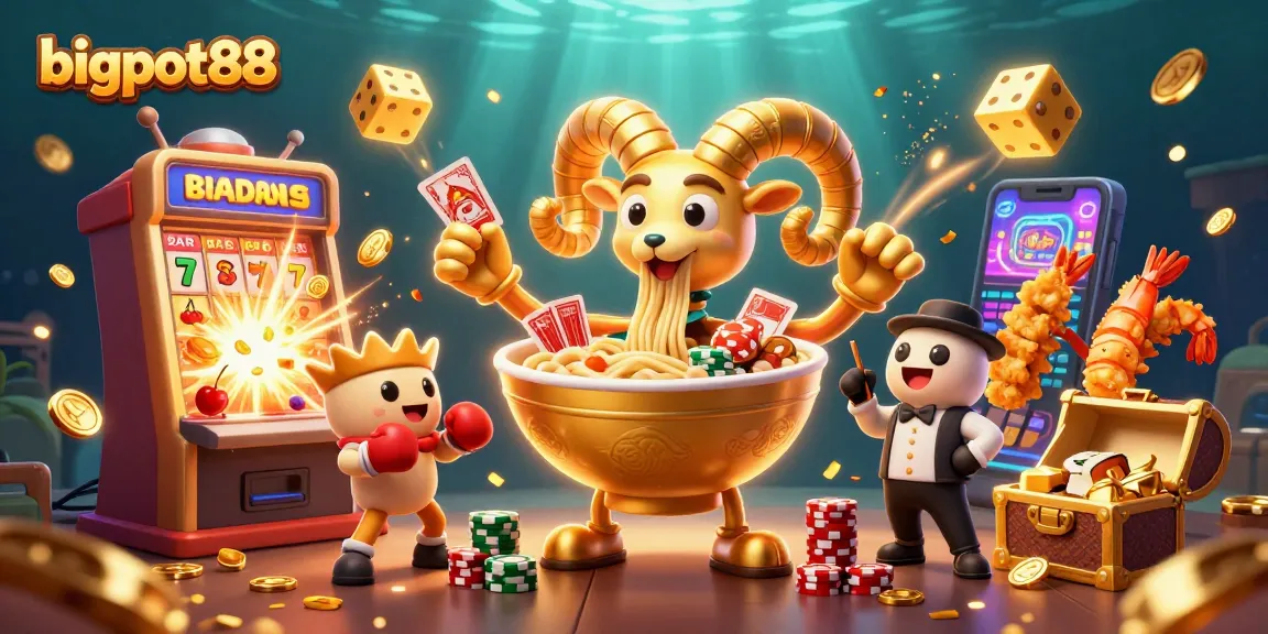 Experience bigpot88 with a vibrant 3D illustration showcasing exciting casino elements and colorful characters.