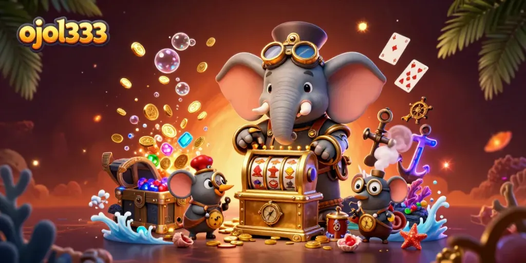 Spin the golden slot machine in a vibrant scene with ojol333 featuring steampunk characters and casino elements.