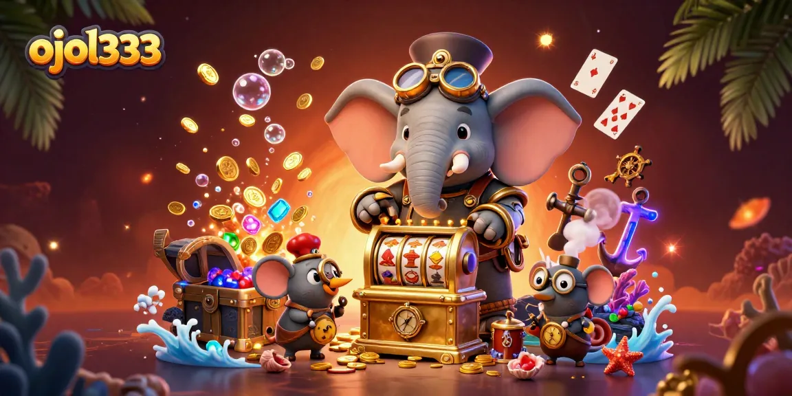 Spin the golden slot machine in a vibrant scene with ojol333 featuring steampunk characters and casino elements.