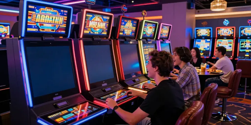 Exciting scene of friends enjoying ทดลองสล็อต at a modern casino venue.