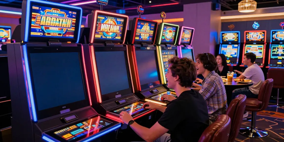 Exciting scene of friends enjoying ทดลองสล็อต at a modern casino venue.
