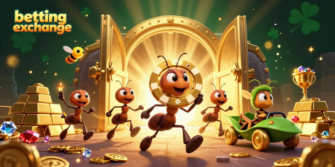 Engage with the betting exchange scene showcasing ants heisting a giant poker chip amid treasure.