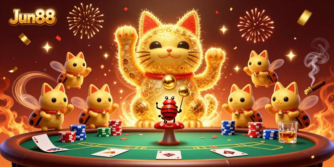 Experience the excitement of Jun88 with an enchanting lucky cat and vibrant casino elements.
