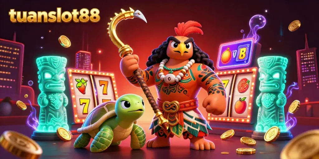 Visualisasi taruhan slot di tuanslot88 dengan dewa dan kura-kura, menciptakan suasana kasino yang hidup.