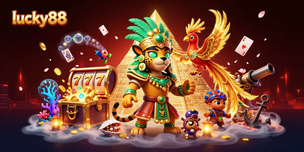 Experience thrilling gameplay with lucky88's vibrant casino illustration featuring Mayan symbols and treasures.