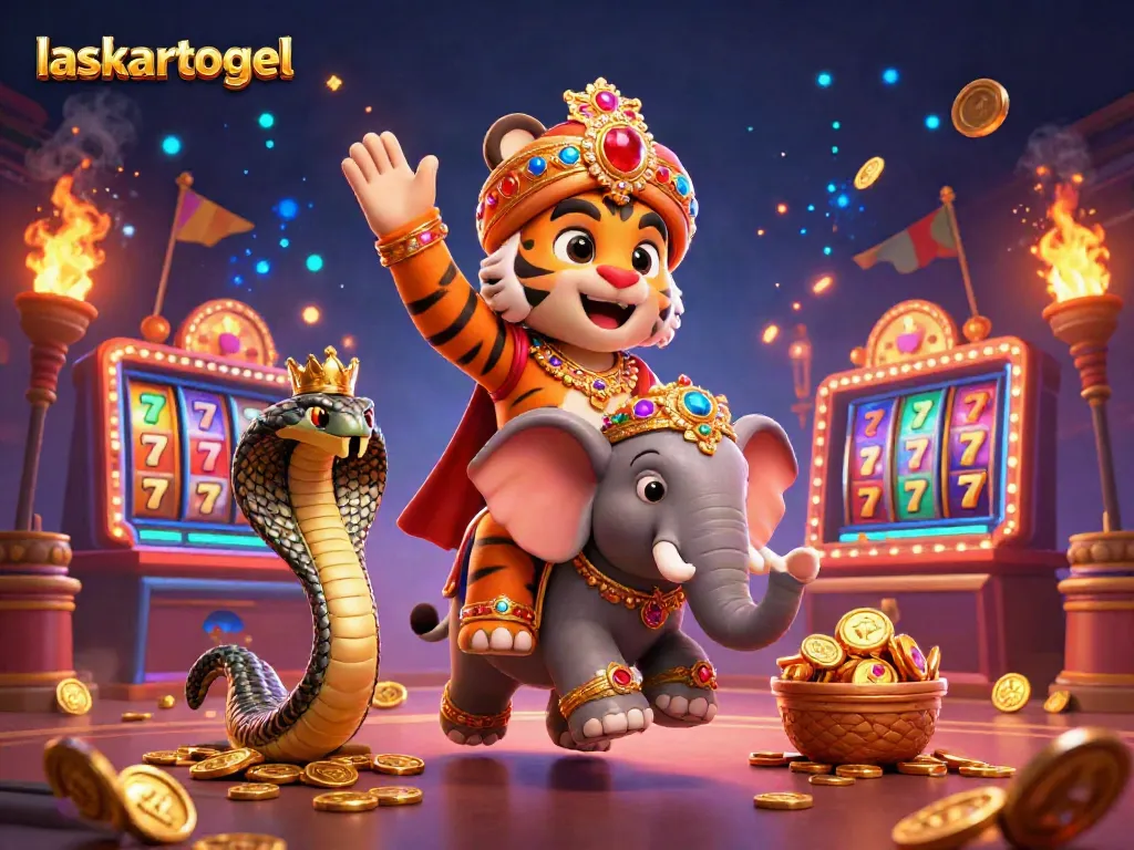 Experience the thrill of laskartogel with a vibrant casino scene featuring a maharaja tiger and jewel-encrusted elephant.