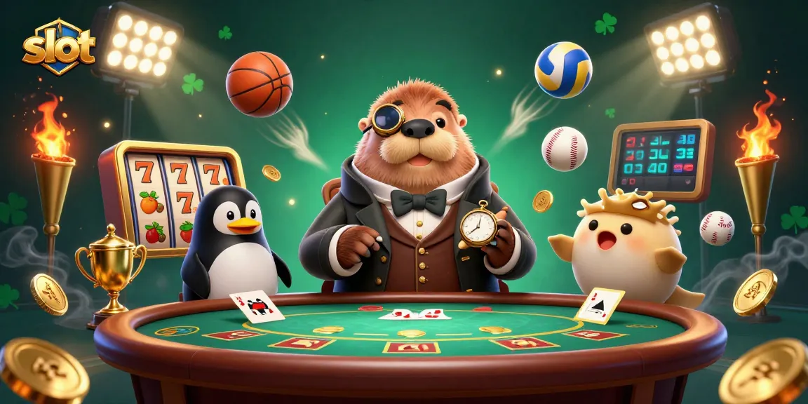 Experience the thrill of slot gaming with a jolly walrus dealer at a vibrant casino table.