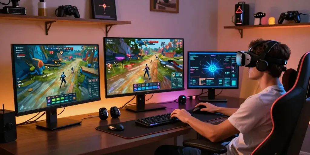 Engaged user in luxury111 login experience with immersive VR gaming setup.