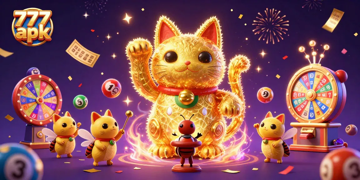 Experience the excitement of 777 apk with vibrant casino elements and a lucky cat illustration.
